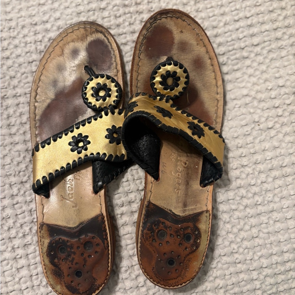Jack Rogers Gold and Black Sandals with Medallion Embellishments
